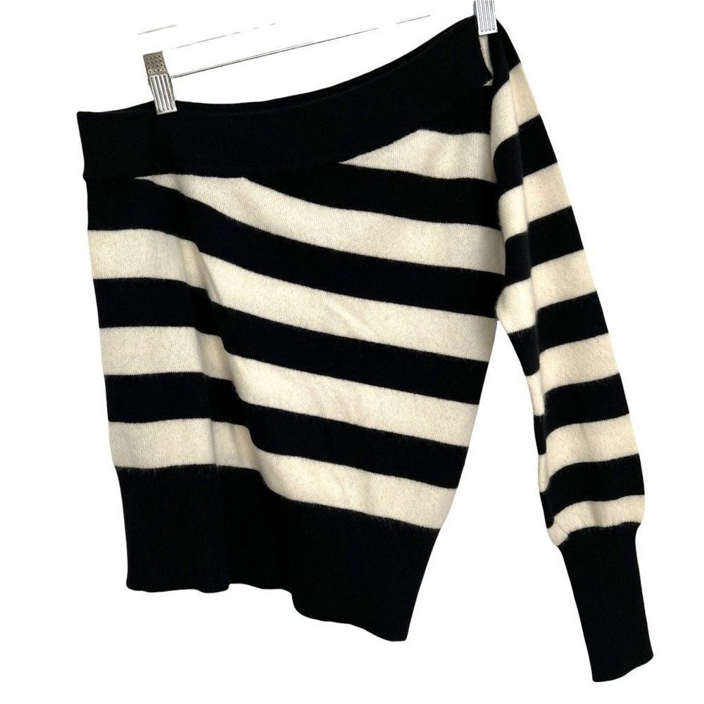 Alice+Olivia One Shoulder 100% Cashmere Sweater M Striped Knit Black/Ivory